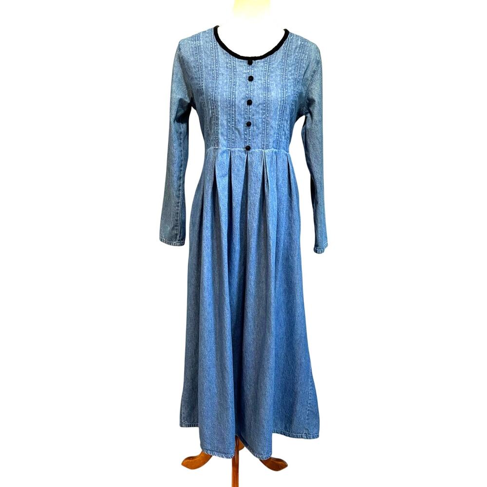 VTG Blue Denim Maxi Dress Long Sleeve Pleated Modest Farm Tradwife, Size 8